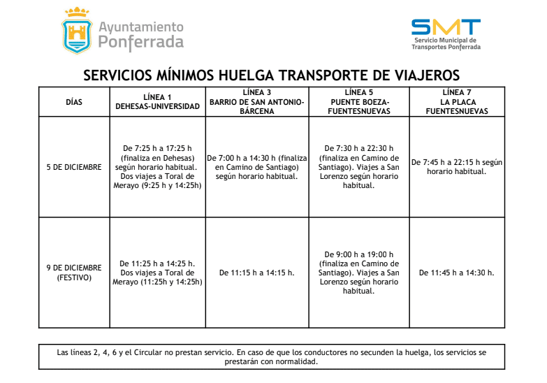 autobuses ponferrada servicios minimos diciembre