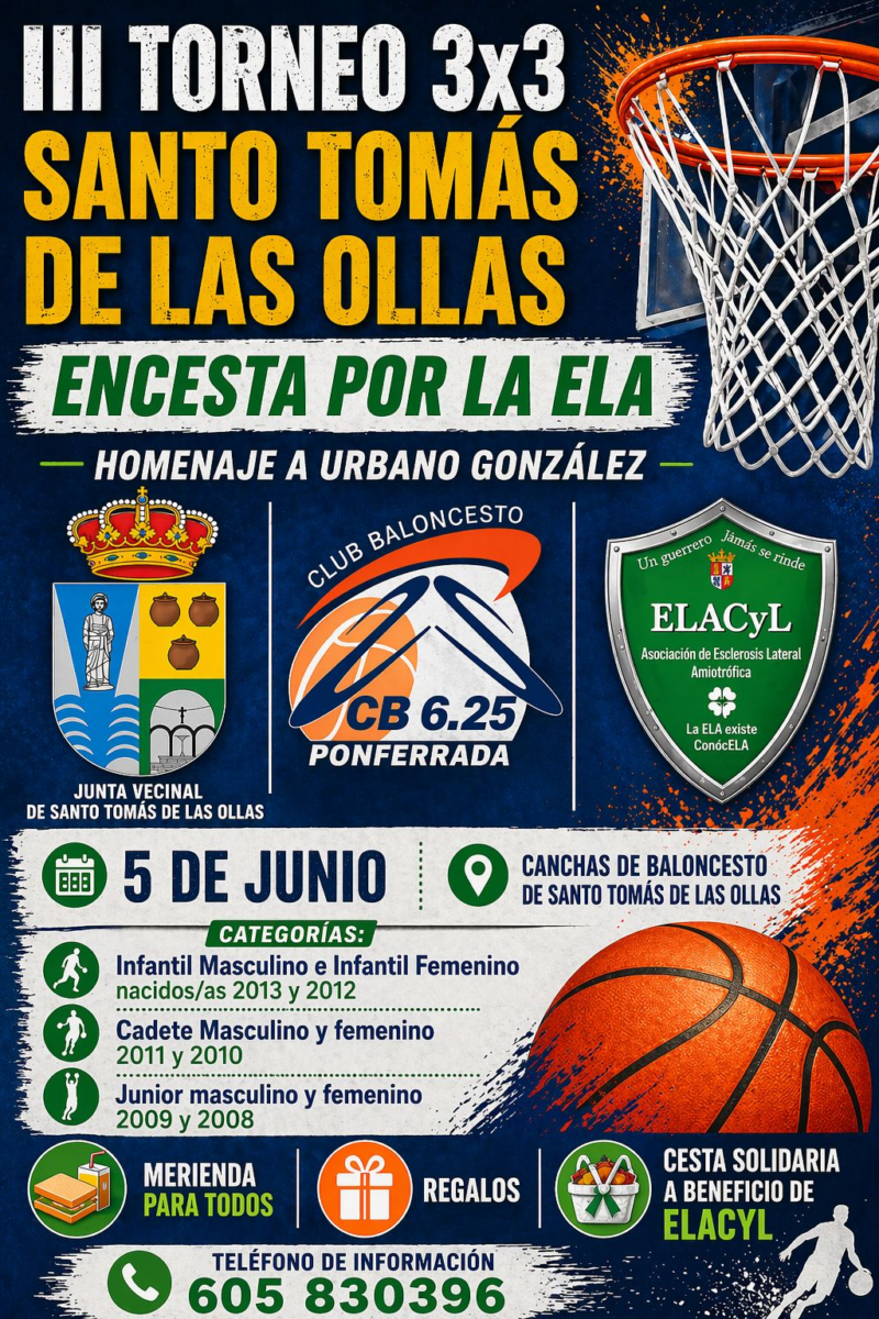 Las fiestas de Santo Tomás de las Ollas acogen este viernes un torneo de baloncesto 3x3 a favor de ELACyL y en homenaje a Urbano González