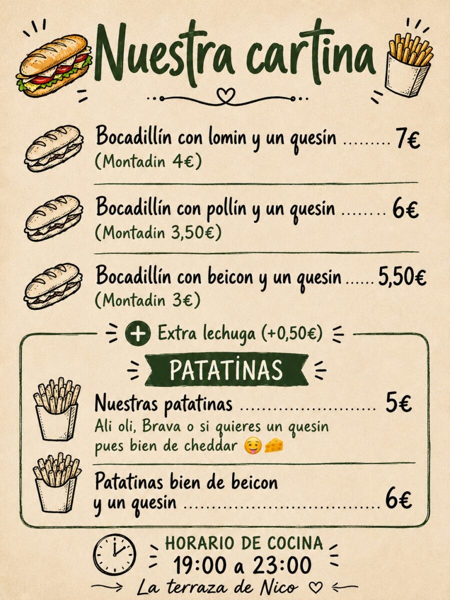 carta de La Terraza de Nico