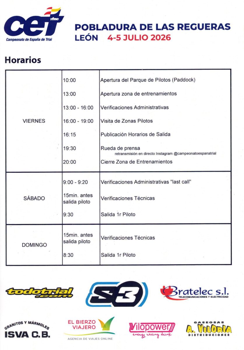 horarios campeonato de españa de trial de pobladura