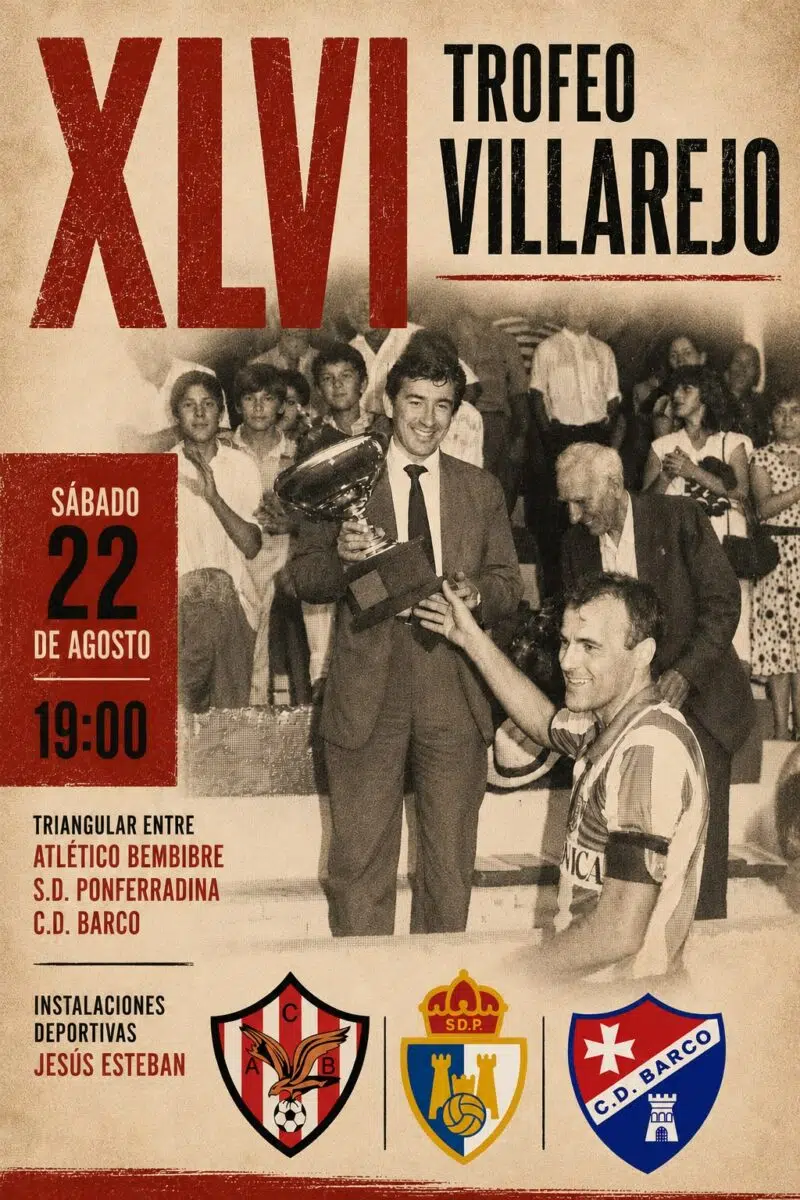 Fotografía en alta calidad del cartel oficial del XLVI Trofeo Villarejo, con un diseño de estilo vintage en tonos sepia y granate, mostrando imágenes históricas de jugadores y aficionados celebrando con copas en ediciones pasadas