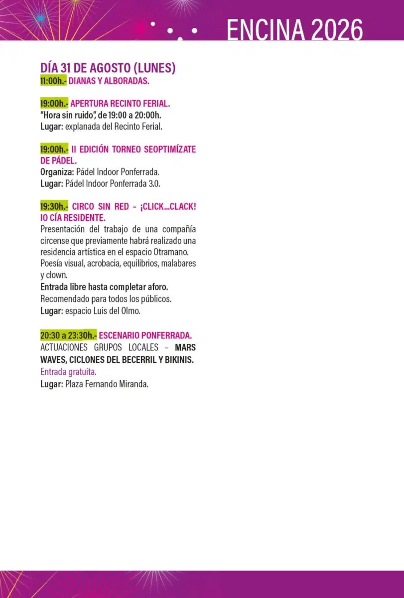 programa de fiestas de la encina 31 de agosto