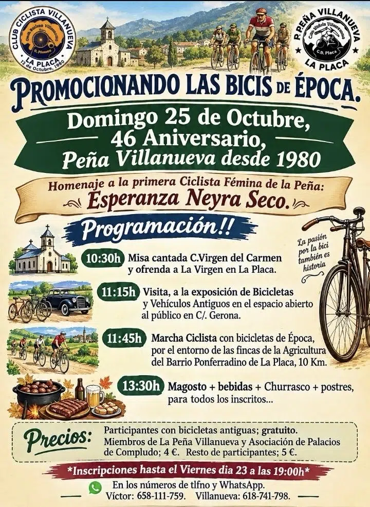 Cartel del 46 aniversario de la Peña Ciclista Villanueva en La Placa, 25 de octubre de 2026