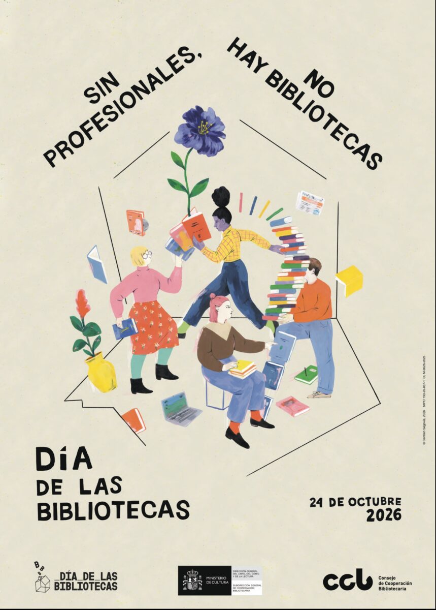 Cartel del Día de las Bibliotecas 2026 con el lema Sin profesionales no hay bibliotecas, ilustrado por Carmen Segovia