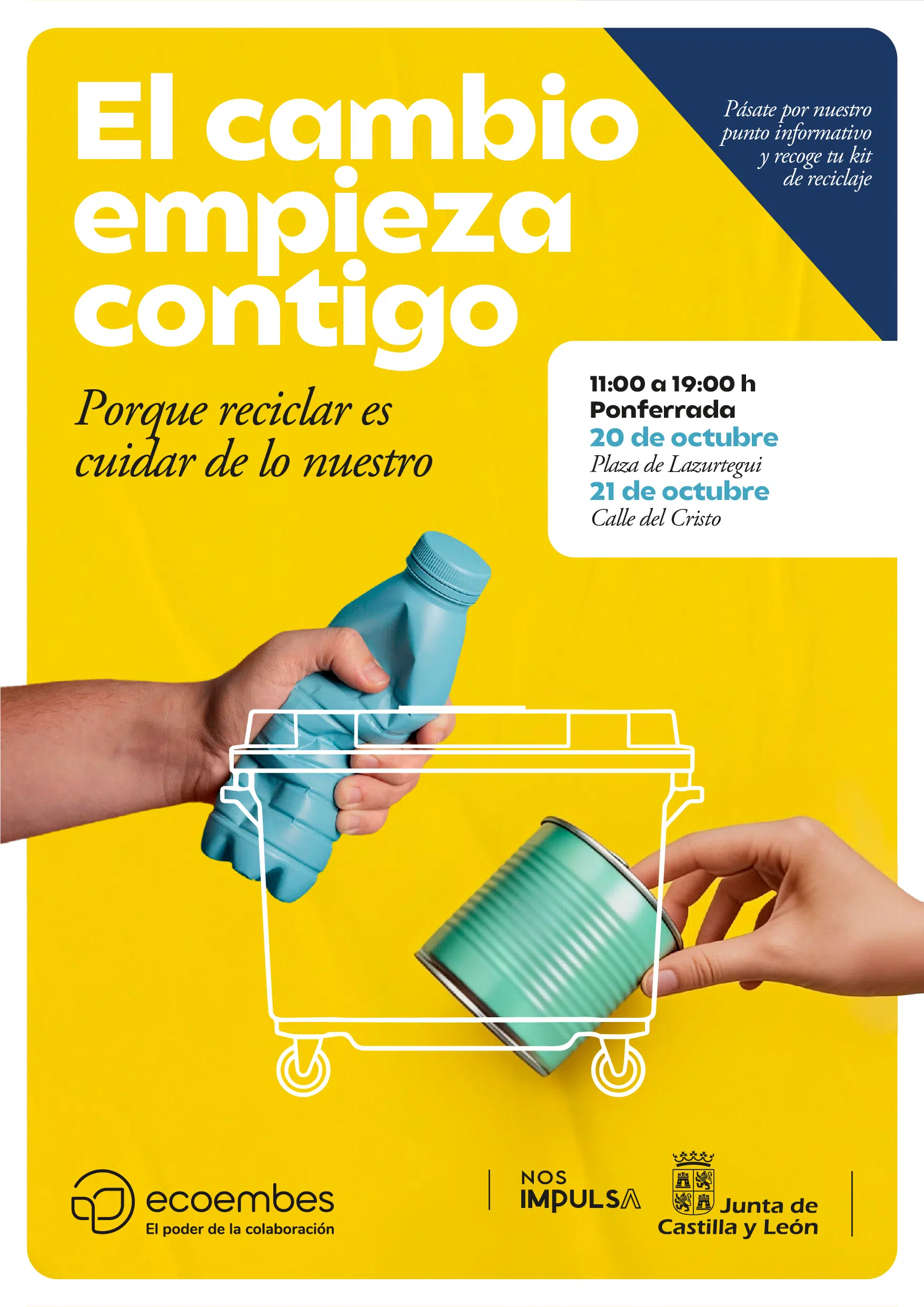 Cartel de la campaña de reciclaje El cambio empieza contigo en Ponferrada, con una botella y una lata sobre fondo amarillo