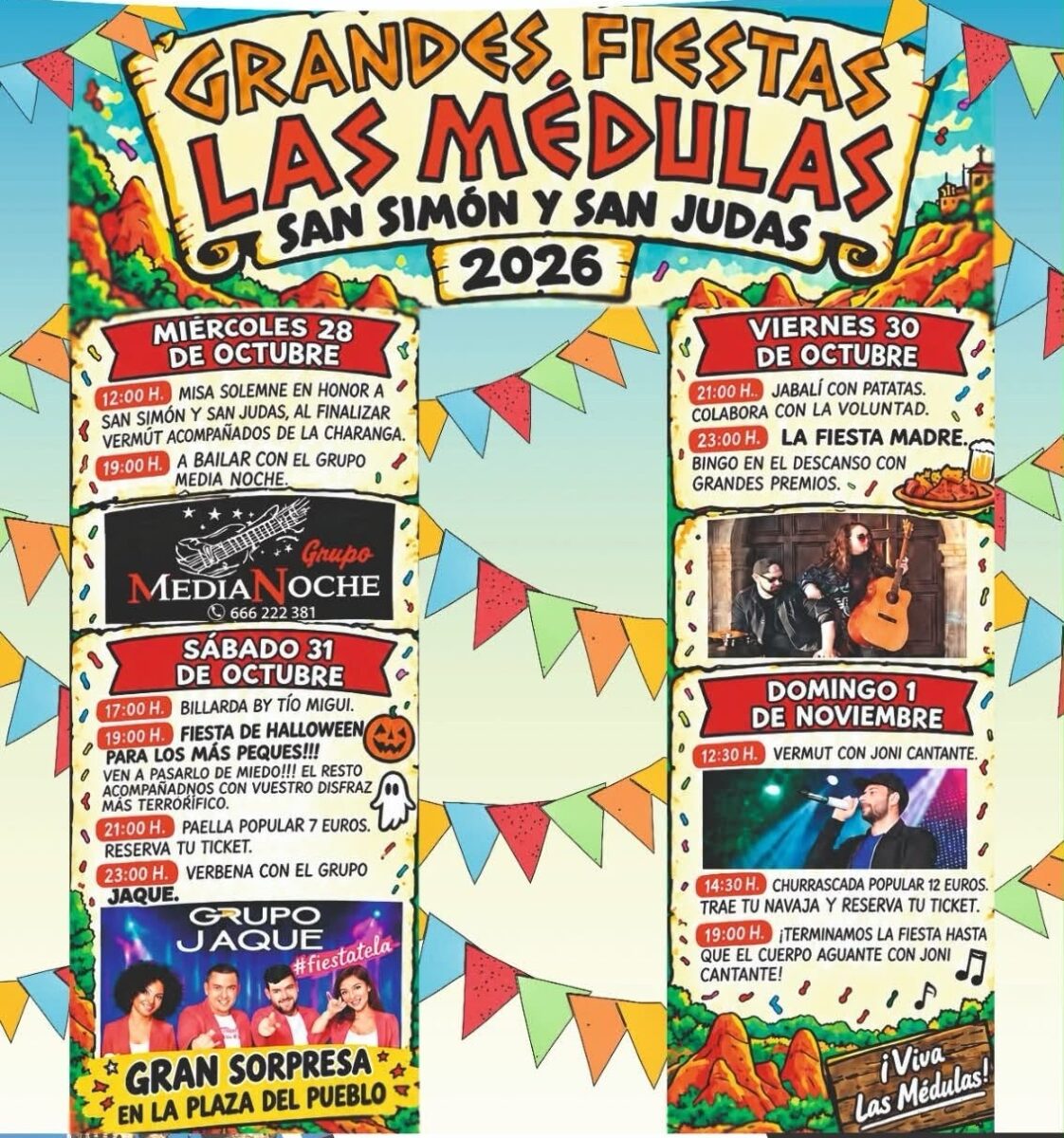 Cartel de las fiestas de San Simón y San Judas de Las Médulas 2026, con el programa del 28 de octubre al 1 de noviembre