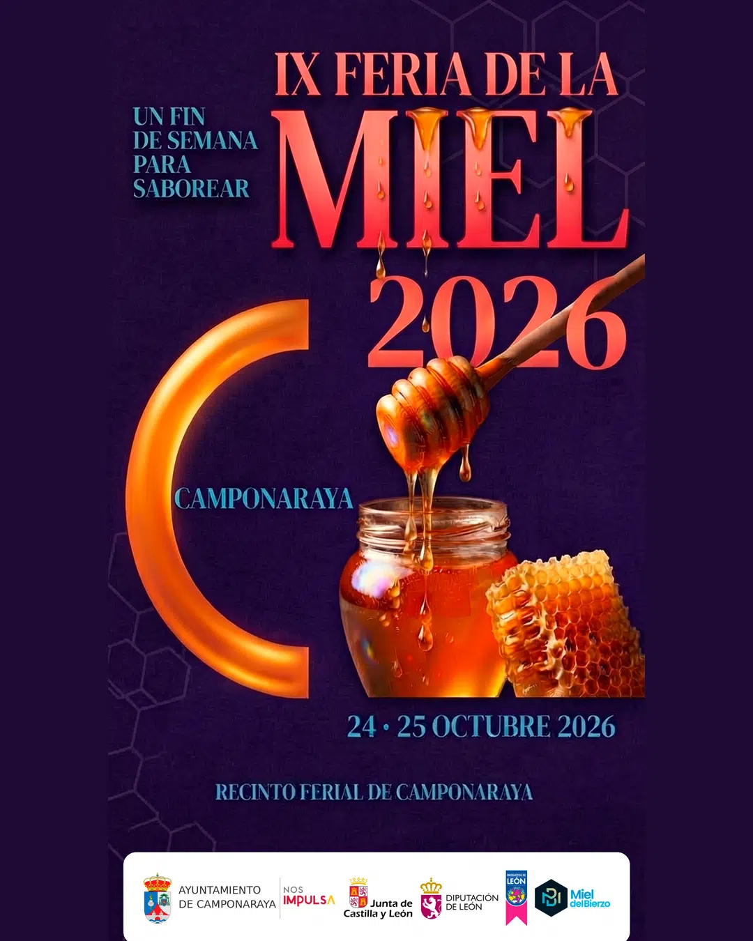 Cartel de la IX Feria de la Miel de Camponaraya 2026, con un tarro de miel y un panal sobre fondo morado