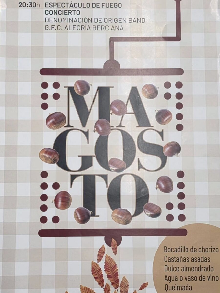 Cartel del Magosto de Ponferrada 2026 con castañas sobre mantel de cuadros y el programa de la noche