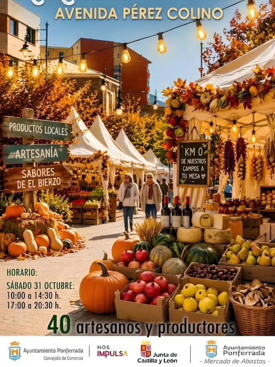 Cartel del Mercado de Otoño de Ponferrada 2026 en la avenida Pérez Colino, con 40 artesanos y productores