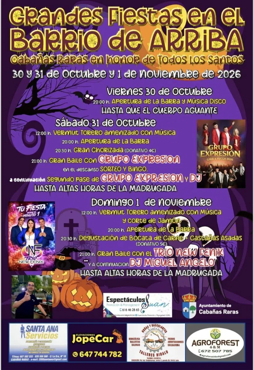 Cartel de las fiestas del Barrio de Arriba de Cabañas Raras en honor de Todos los Santos, del 30 de octubre al 1 de noviembre de 2026