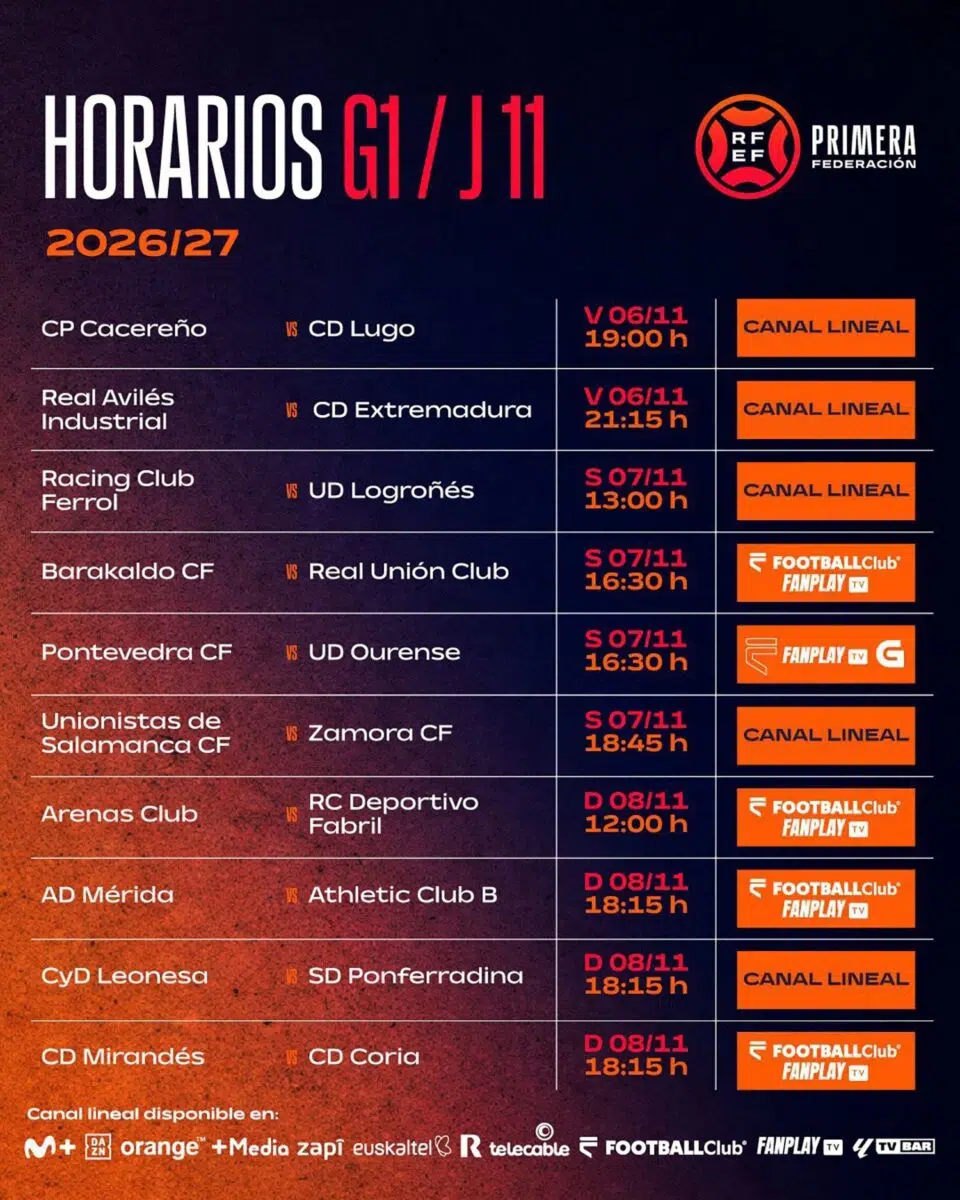 Horarios de la jornada 11 del Grupo 1 de Primera Federación, con el Cultural Leonesa - Ponferradina el domingo 8 de noviembre