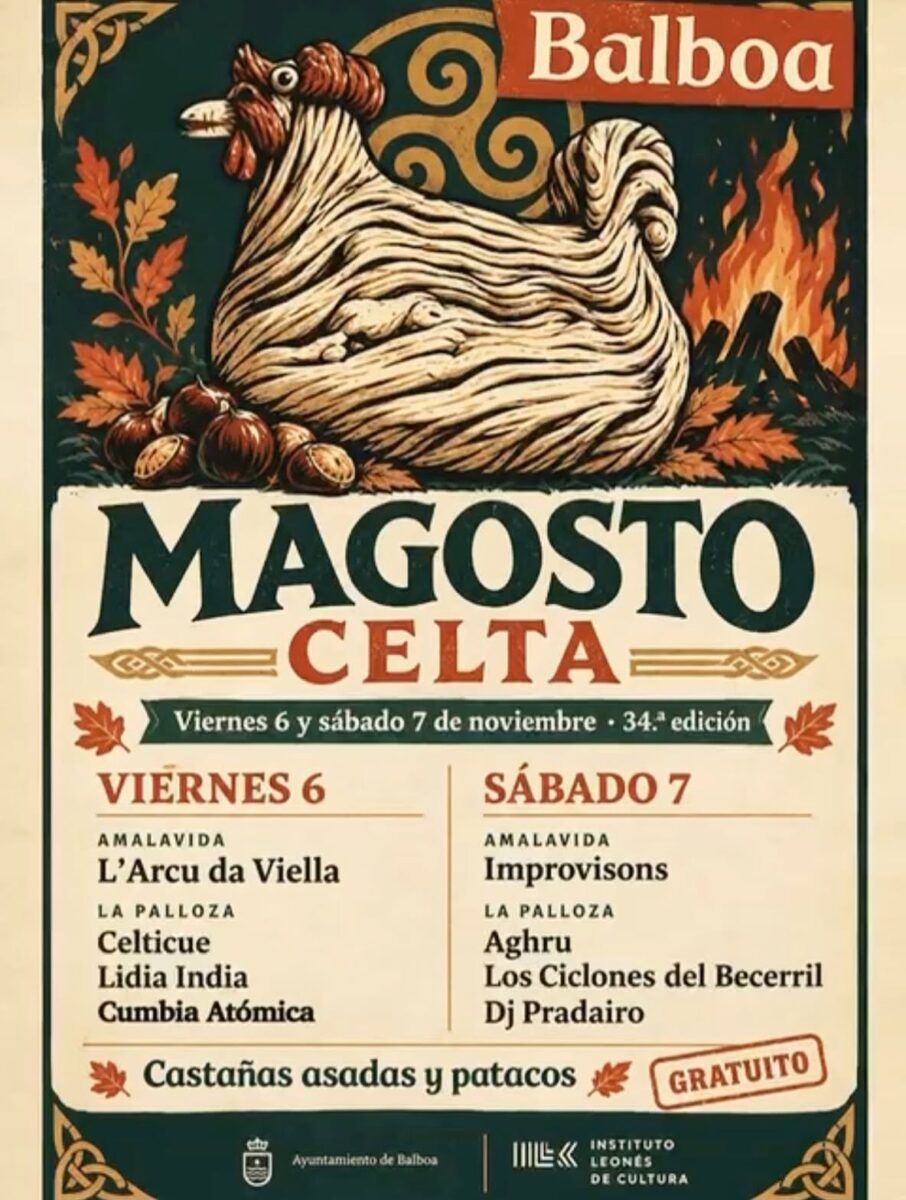 Cartel del 34.º Magosto Celta de Balboa con una gallina y una hoguera