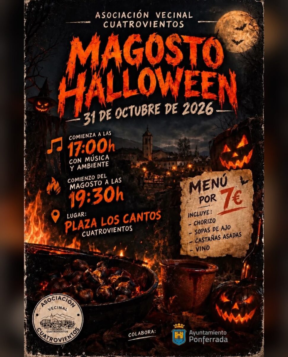 Cartel del Magosto Halloween de Cuatrovientos 2026 con castañas asadas, calabazas y la luna llena