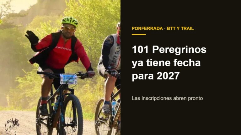 Ciclistas de BTT en los 101 KM Peregrinos, junto al texto «101 Peregrinos ya tiene fecha para 2027»