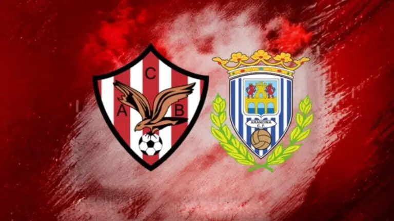 Escudos del Atlético Bembibre y de la Arandina C.F. sobre fondo rojo
