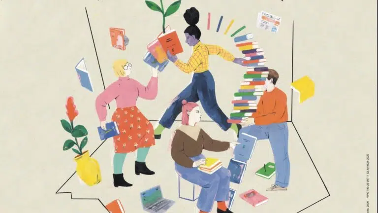 Ilustración de Carmen Segovia con bibliotecarios que ordenan y reparten libros