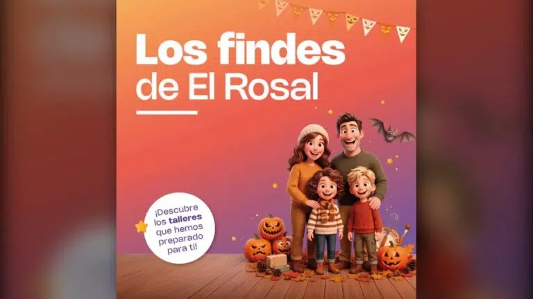 Ilustración de una familia con calabazas de Halloween y el rótulo «Los findes de El Rosal»