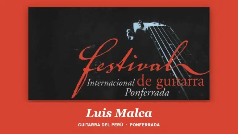 Rótulo del Festival Internacional de Guitarra de Ponferrada con el mástil de una guitarra, sobre fondo rojo, y el nombre de Luis Malca