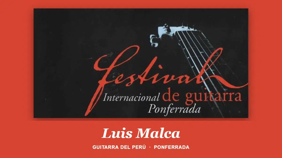 Rótulo del Festival Internacional de Guitarra de Ponferrada con el mástil de una guitarra, sobre fondo rojo, y el nombre de Luis Malca