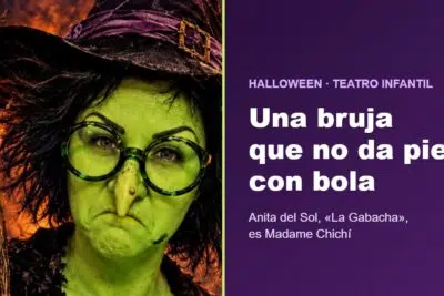 Anita del Sol caracterizada como Madame Chichí, una bruja de cara verde con gafas redondas