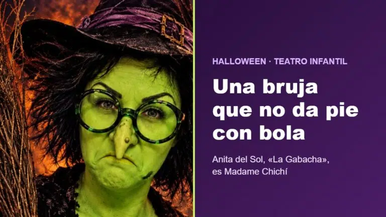 Anita del Sol caracterizada como Madame Chichí, una bruja de cara verde con gafas redondas
