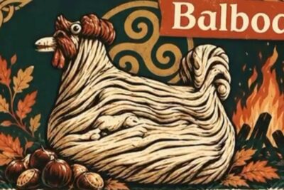 Ilustración de una gallina junto a castañas y una hoguera bajo el rótulo Balboa