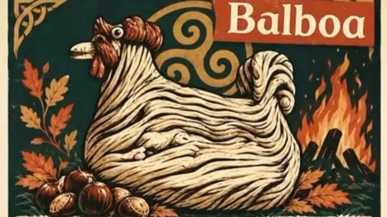 Ilustración de una gallina junto a castañas y una hoguera bajo el rótulo Balboa