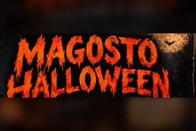 Rótulo Magosto Halloween en letras naranjas sobre fondo oscuro