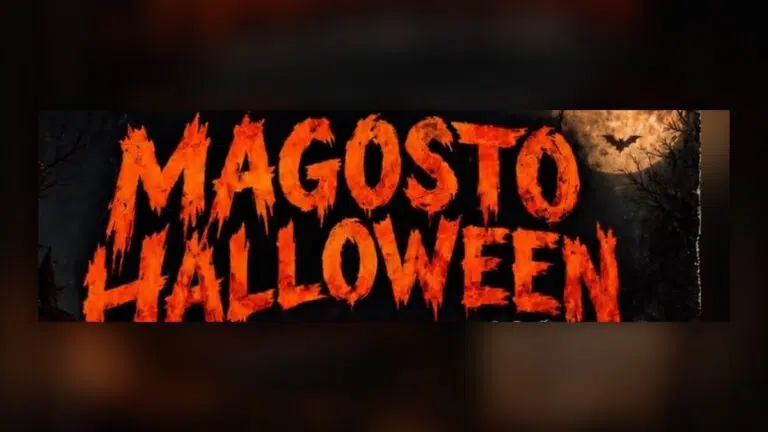 Rótulo Magosto Halloween en letras naranjas sobre fondo oscuro