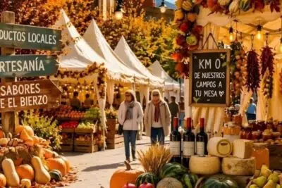 Puestos de productos de temporada y artesanía bajo carpas blancas en una calle con árboles de otoño