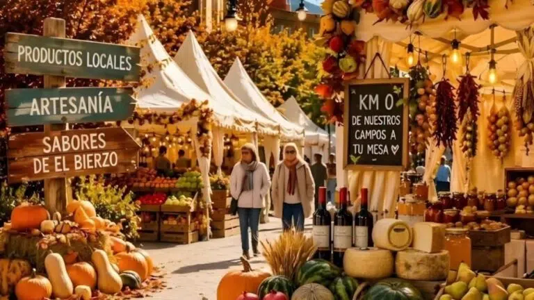 Puestos de productos de temporada y artesanía bajo carpas blancas en una calle con árboles de otoño