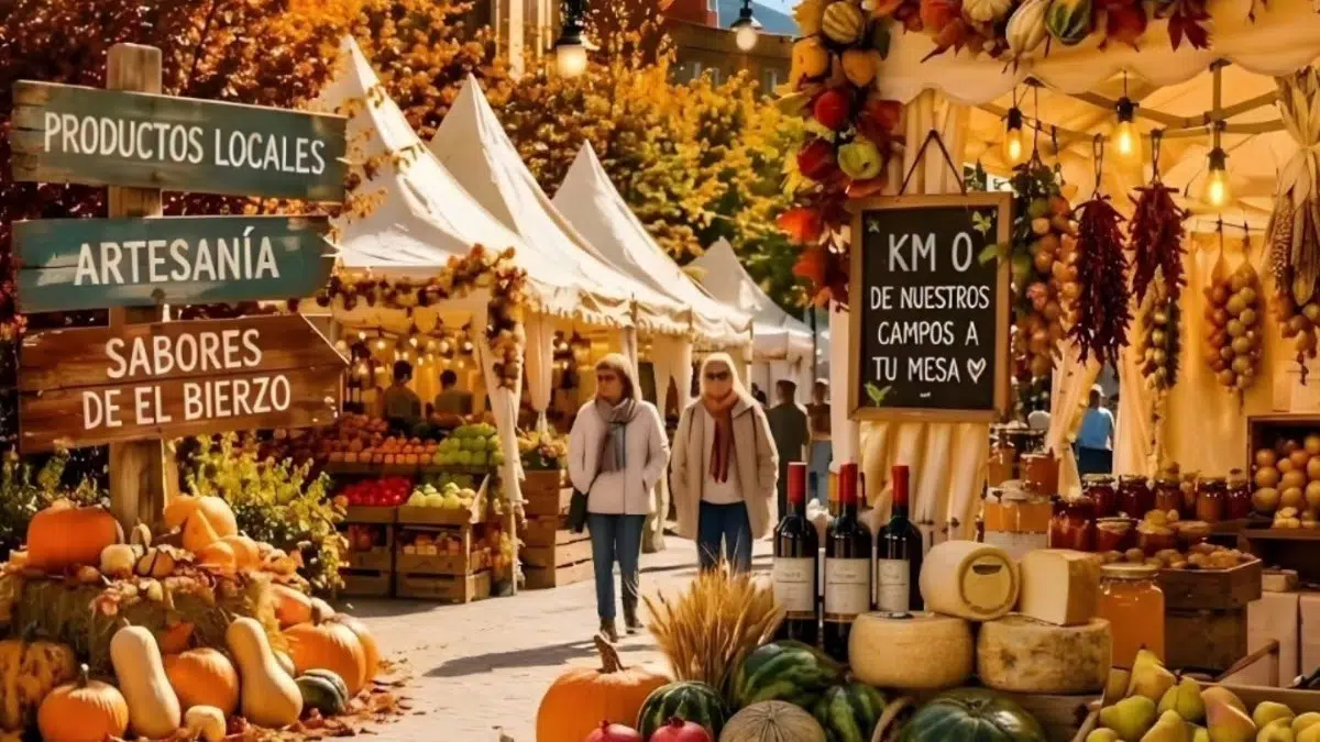 Puestos de productos de temporada y artesanía bajo carpas blancas en una calle con árboles de otoño