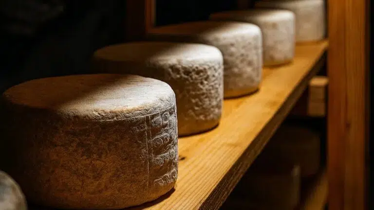 Quesos artesanos de Vallelongo madurando en una estantería de madera