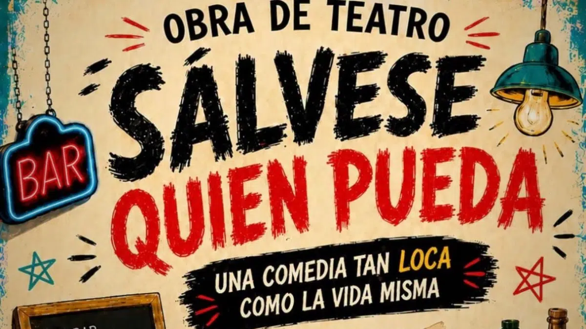 Rótulo de la comedia «Sálvese quien pueda» con el letrero luminoso de un bar